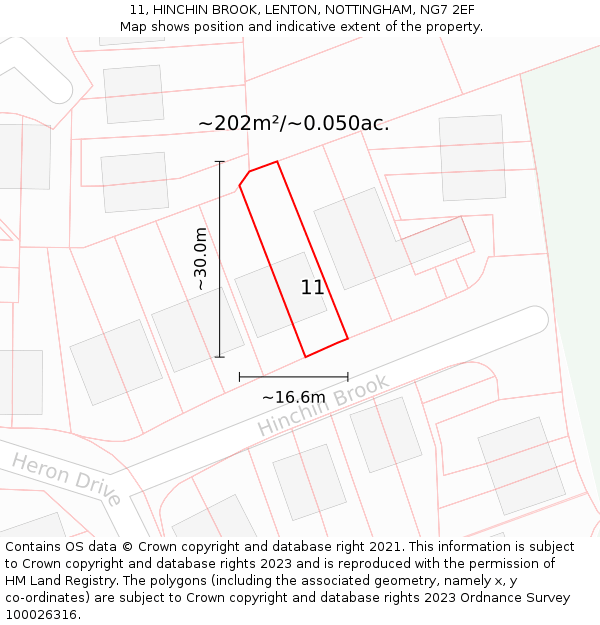 11, HINCHIN BROOK, LENTON, NOTTINGHAM, NG7 2EF: Plot and title map