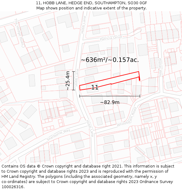 11, HOBB LANE, HEDGE END, SOUTHAMPTON, SO30 0GF: Plot and title map