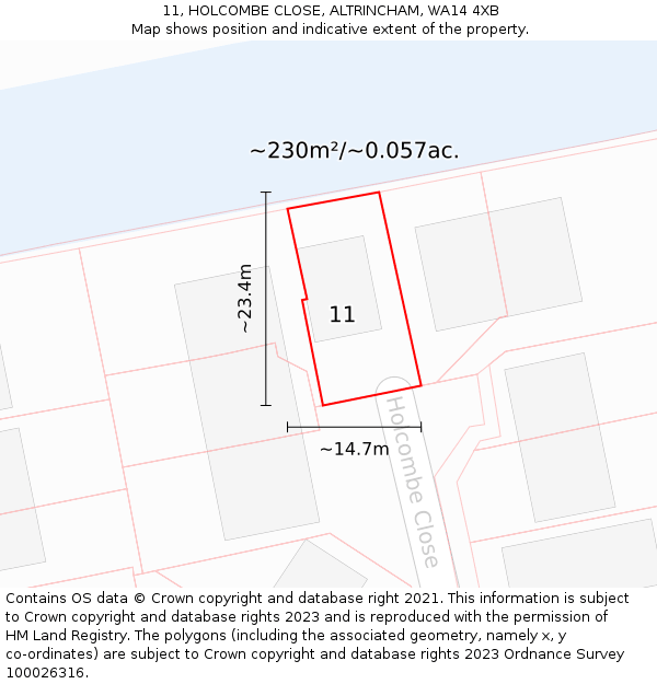 11, HOLCOMBE CLOSE, ALTRINCHAM, WA14 4XB: Plot and title map