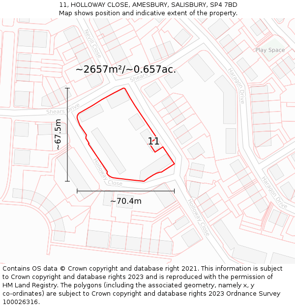 11, HOLLOWAY CLOSE, AMESBURY, SALISBURY, SP4 7BD: Plot and title map