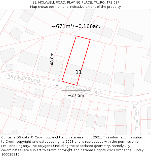 11, HOLYWELL ROAD, PLAYING PLACE, TRURO, TR3 6EP: Plot and title map