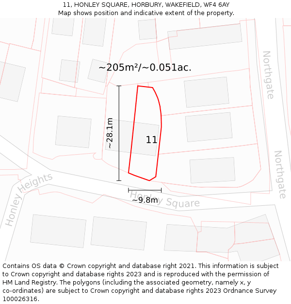 11, HONLEY SQUARE, HORBURY, WAKEFIELD, WF4 6AY: Plot and title map