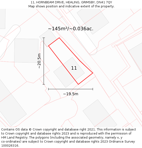 11, HORNBEAM DRIVE, HEALING, GRIMSBY, DN41 7QY: Plot and title map