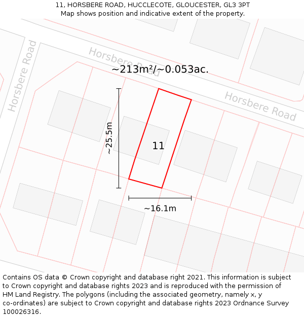 11, HORSBERE ROAD, HUCCLECOTE, GLOUCESTER, GL3 3PT: Plot and title map