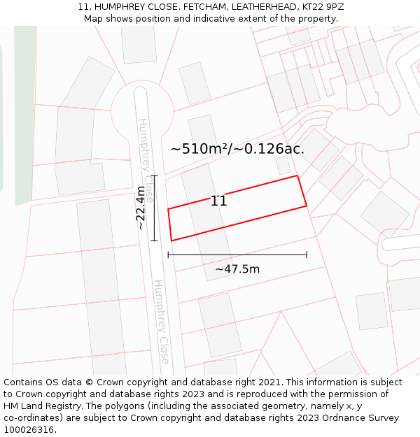 11, HUMPHREY CLOSE, FETCHAM, LEATHERHEAD, KT22 9PZ: Plot and title map