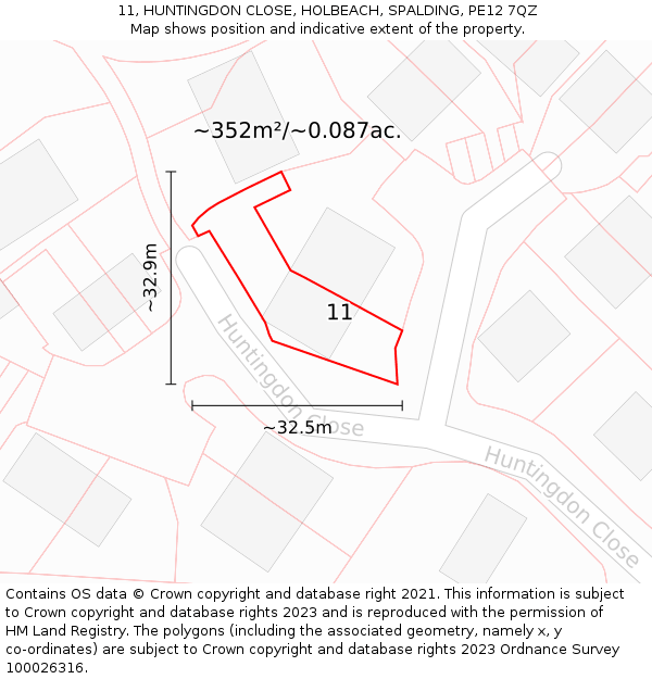 11, HUNTINGDON CLOSE, HOLBEACH, SPALDING, PE12 7QZ: Plot and title map