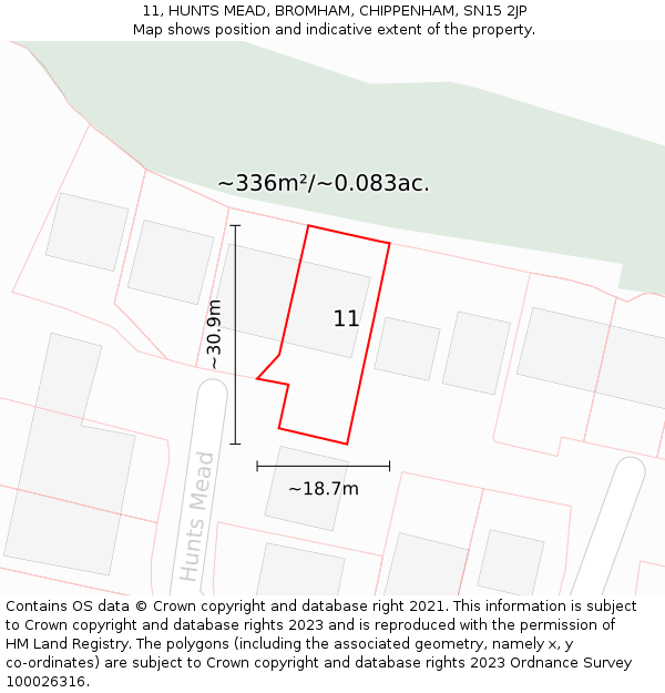 11, HUNTS MEAD, BROMHAM, CHIPPENHAM, SN15 2JP: Plot and title map