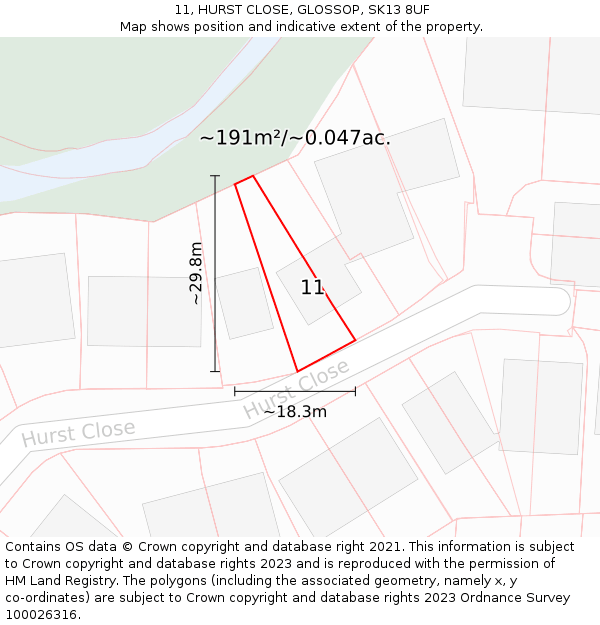 11, HURST CLOSE, GLOSSOP, SK13 8UF: Plot and title map