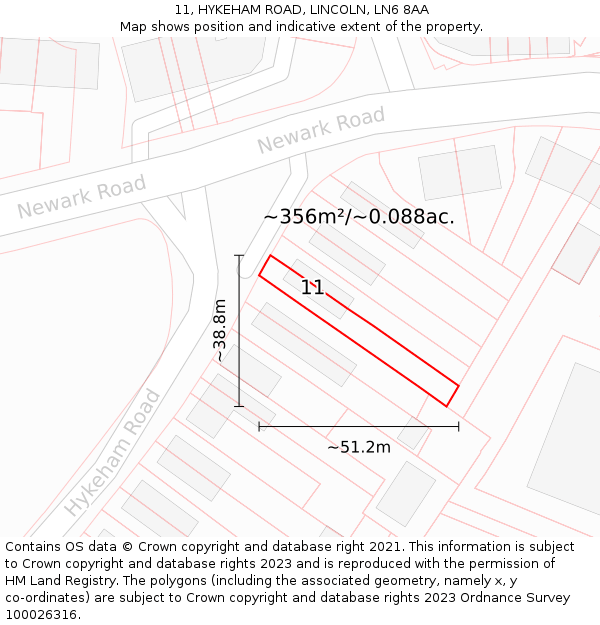 11, HYKEHAM ROAD, LINCOLN, LN6 8AA: Plot and title map