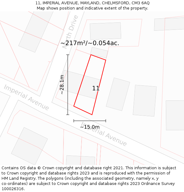 11, IMPERIAL AVENUE, MAYLAND, CHELMSFORD, CM3 6AQ: Plot and title map