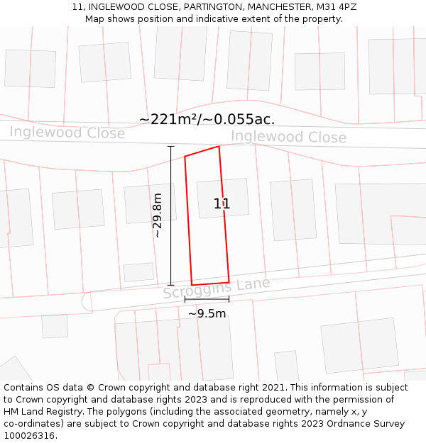 11, INGLEWOOD CLOSE, PARTINGTON, MANCHESTER, M31 4PZ: Plot and title map