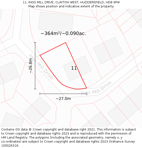 11, INGS MILL DRIVE, CLAYTON WEST, HUDDERSFIELD, HD8 9PW: Plot and title map