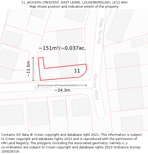 11, JACKSON CRESCENT, EAST LEAKE, LOUGHBOROUGH, LE12 6AH: Plot and title map