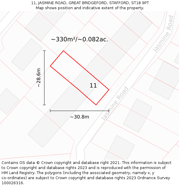 11, JASMINE ROAD, GREAT BRIDGEFORD, STAFFORD, ST18 9PT: Plot and title map