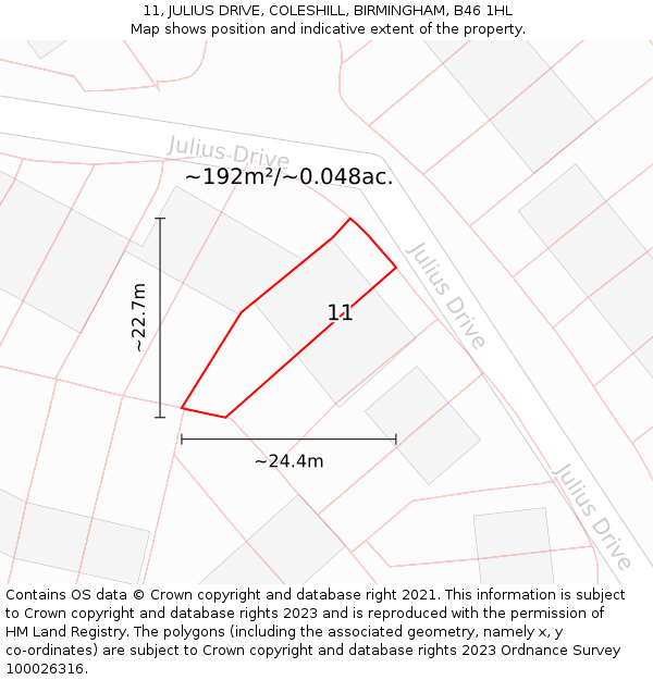 11, JULIUS DRIVE, COLESHILL, BIRMINGHAM, B46 1HL: Plot and title map