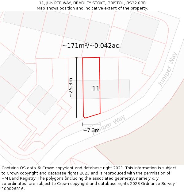 11, JUNIPER WAY, BRADLEY STOKE, BRISTOL, BS32 0BR: Plot and title map