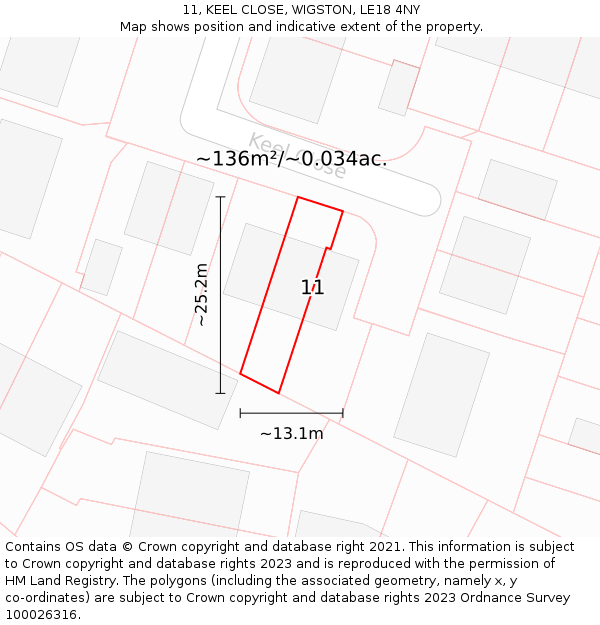11, KEEL CLOSE, WIGSTON, LE18 4NY: Plot and title map