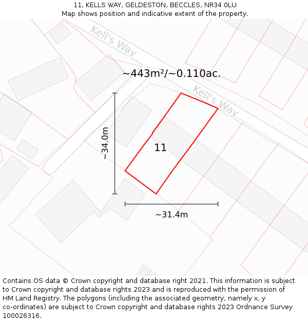 11, KELLS WAY, GELDESTON, BECCLES, NR34 0LU: Plot and title map