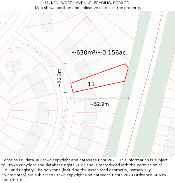 11, KENILWORTH AVENUE, READING, RG30 3DL: Plot and title map