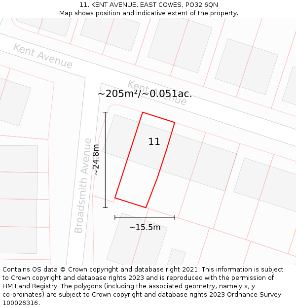 11, KENT AVENUE, EAST COWES, PO32 6QN: Plot and title map