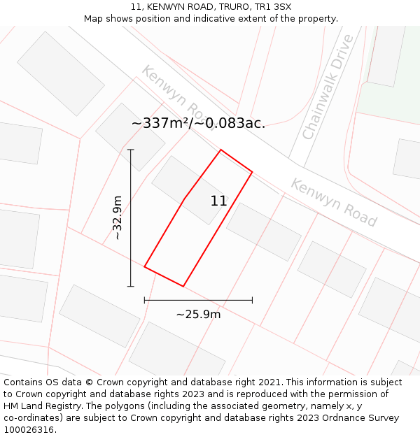 11, KENWYN ROAD, TRURO, TR1 3SX: Plot and title map