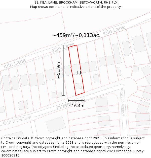 11, KILN LANE, BROCKHAM, BETCHWORTH, RH3 7LX: Plot and title map