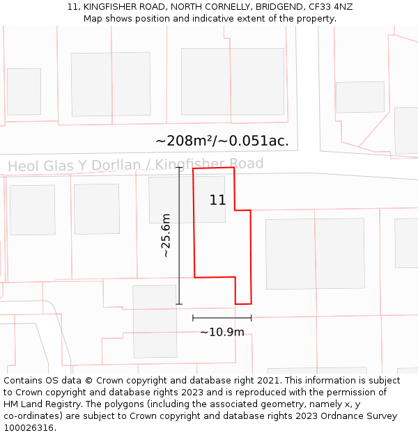 11, KINGFISHER ROAD, NORTH CORNELLY, BRIDGEND, CF33 4NZ: Plot and title map
