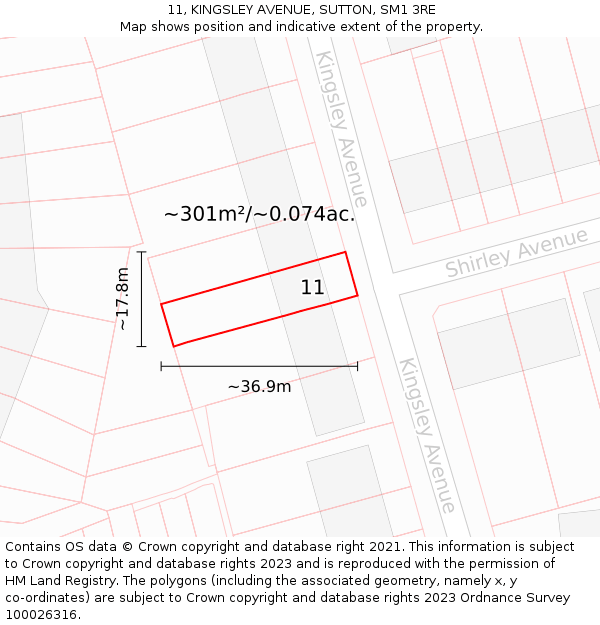 11, KINGSLEY AVENUE, SUTTON, SM1 3RE: Plot and title map