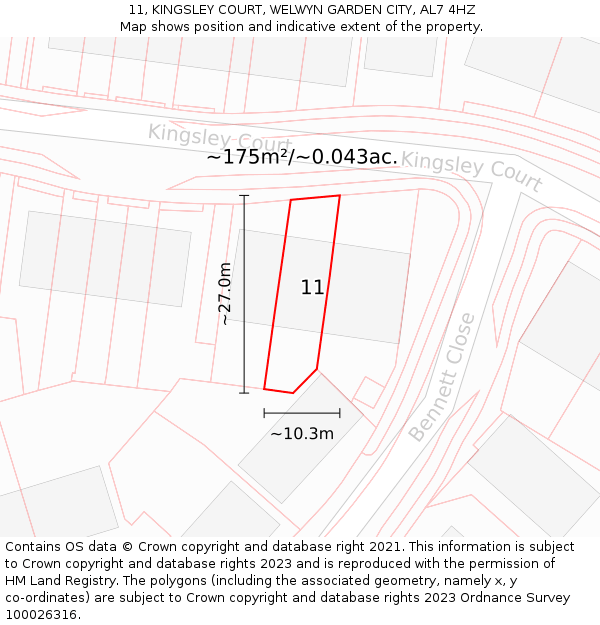 11, KINGSLEY COURT, WELWYN GARDEN CITY, AL7 4HZ: Plot and title map