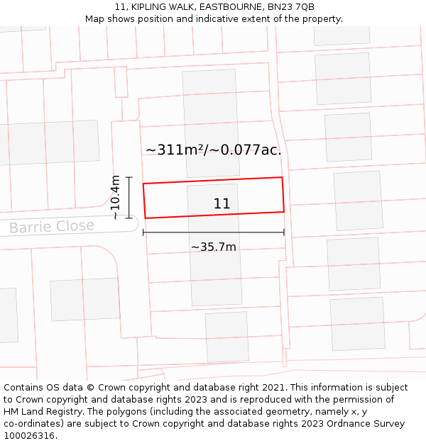 11, KIPLING WALK, EASTBOURNE, BN23 7QB: Plot and title map