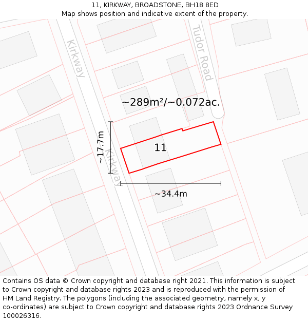 11, KIRKWAY, BROADSTONE, BH18 8ED: Plot and title map