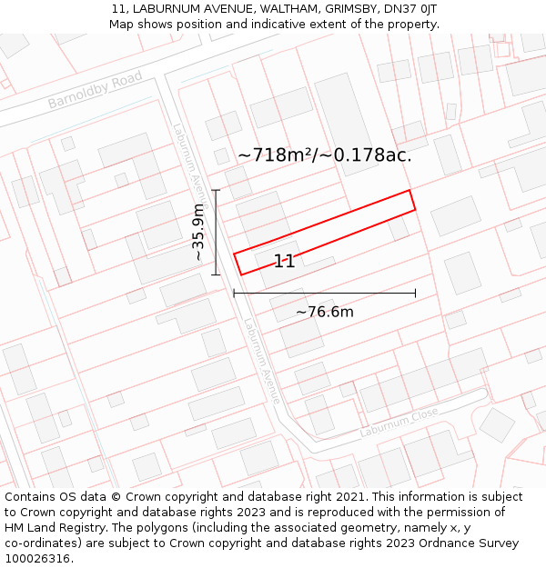 11, LABURNUM AVENUE, WALTHAM, GRIMSBY, DN37 0JT: Plot and title map