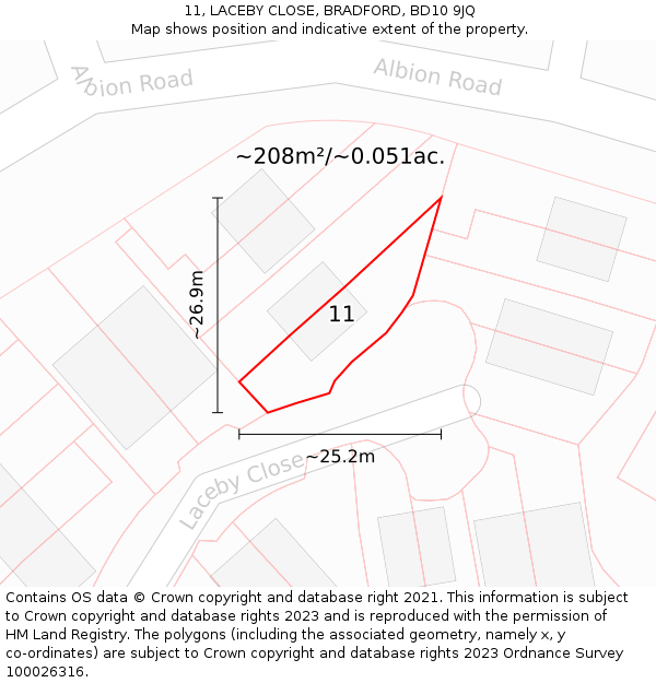 11, LACEBY CLOSE, BRADFORD, BD10 9JQ: Plot and title map