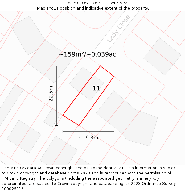 11, LADY CLOSE, OSSETT, WF5 9PZ: Plot and title map