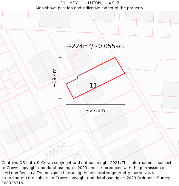 11, LADYHILL, LUTON, LU4 9LZ: Plot and title map