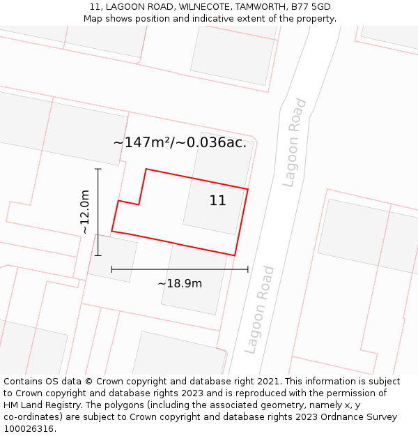 11, LAGOON ROAD, WILNECOTE, TAMWORTH, B77 5GD: Plot and title map