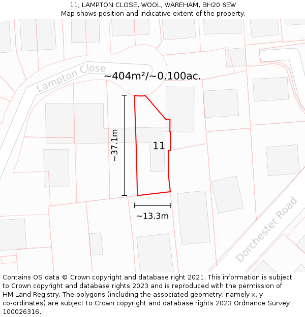 11, LAMPTON CLOSE, WOOL, WAREHAM, BH20 6EW: Plot and title map