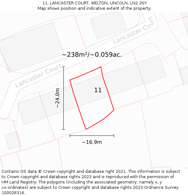 11, LANCASTER COURT, WELTON, LINCOLN, LN2 3SY: Plot and title map