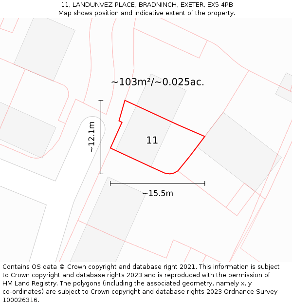 11, LANDUNVEZ PLACE, BRADNINCH, EXETER, EX5 4PB: Plot and title map