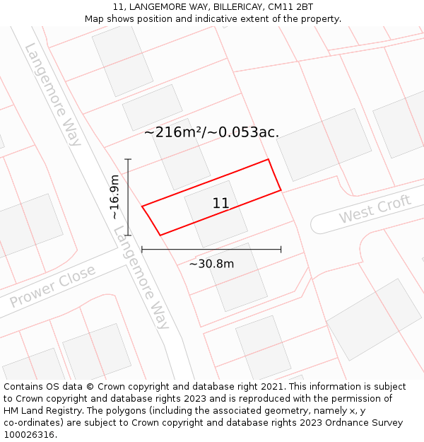 11, LANGEMORE WAY, BILLERICAY, CM11 2BT: Plot and title map