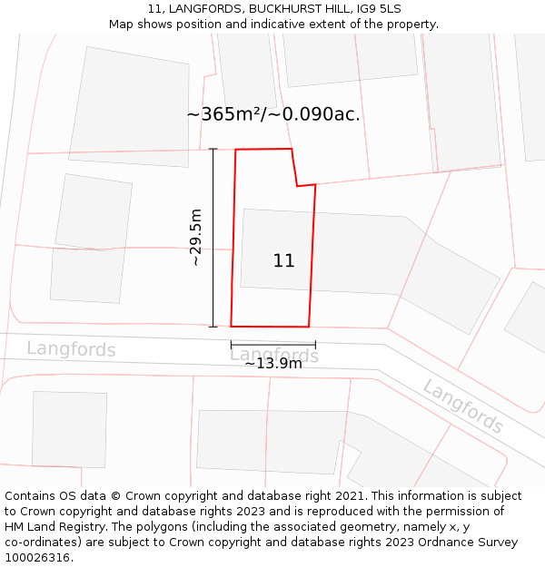 11, LANGFORDS, BUCKHURST HILL, IG9 5LS: Plot and title map