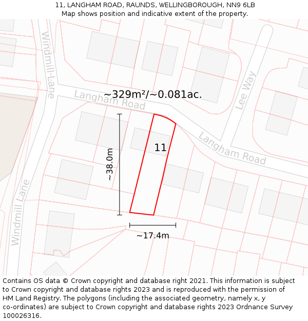 11, LANGHAM ROAD, RAUNDS, WELLINGBOROUGH, NN9 6LB: Plot and title map