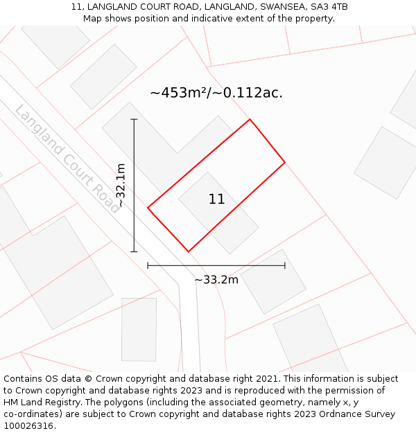 11, LANGLAND COURT ROAD, LANGLAND, SWANSEA, SA3 4TB: Plot and title map