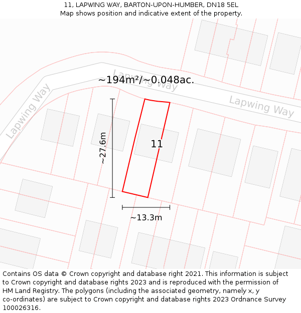 11, LAPWING WAY, BARTON-UPON-HUMBER, DN18 5EL: Plot and title map