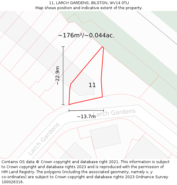 11, LARCH GARDENS, BILSTON, WV14 0TU: Plot and title map