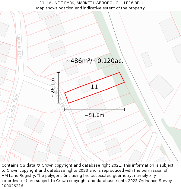 11, LAUNDE PARK, MARKET HARBOROUGH, LE16 8BH: Plot and title map