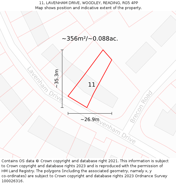 11, LAVENHAM DRIVE, WOODLEY, READING, RG5 4PP: Plot and title map