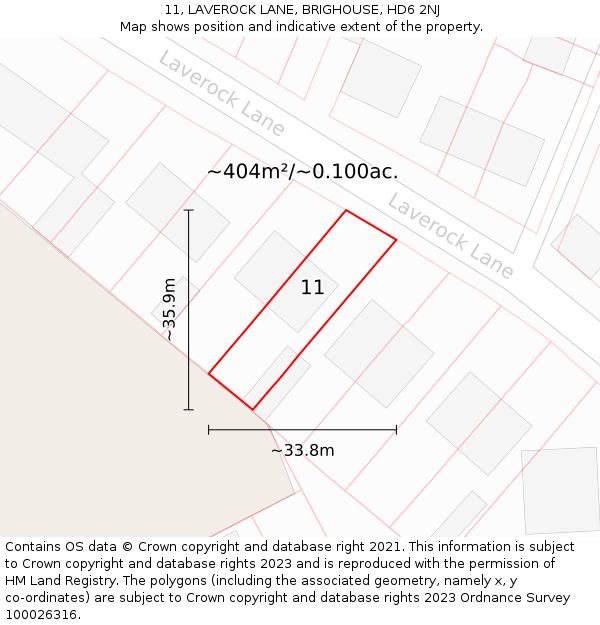 11, LAVEROCK LANE, BRIGHOUSE, HD6 2NJ: Plot and title map