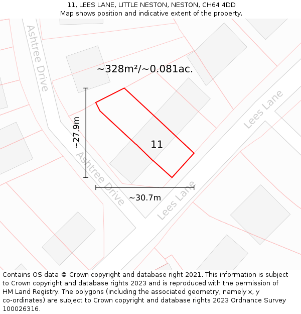 11, LEES LANE, LITTLE NESTON, NESTON, CH64 4DD: Plot and title map