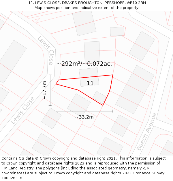 11, LEWIS CLOSE, DRAKES BROUGHTON, PERSHORE, WR10 2BN: Plot and title map